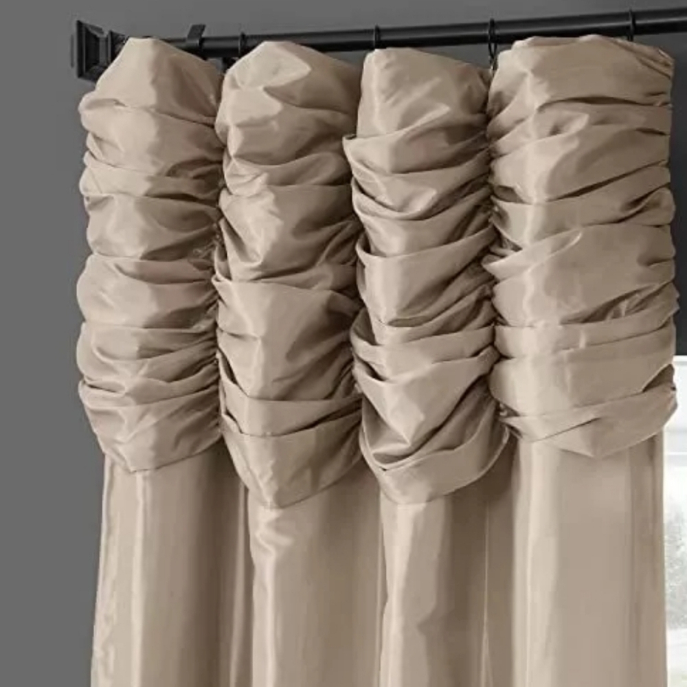1 Antique Beige Ruched Room Darkening Faux Silk Taffeta Curtain 50x84 Fabrics
